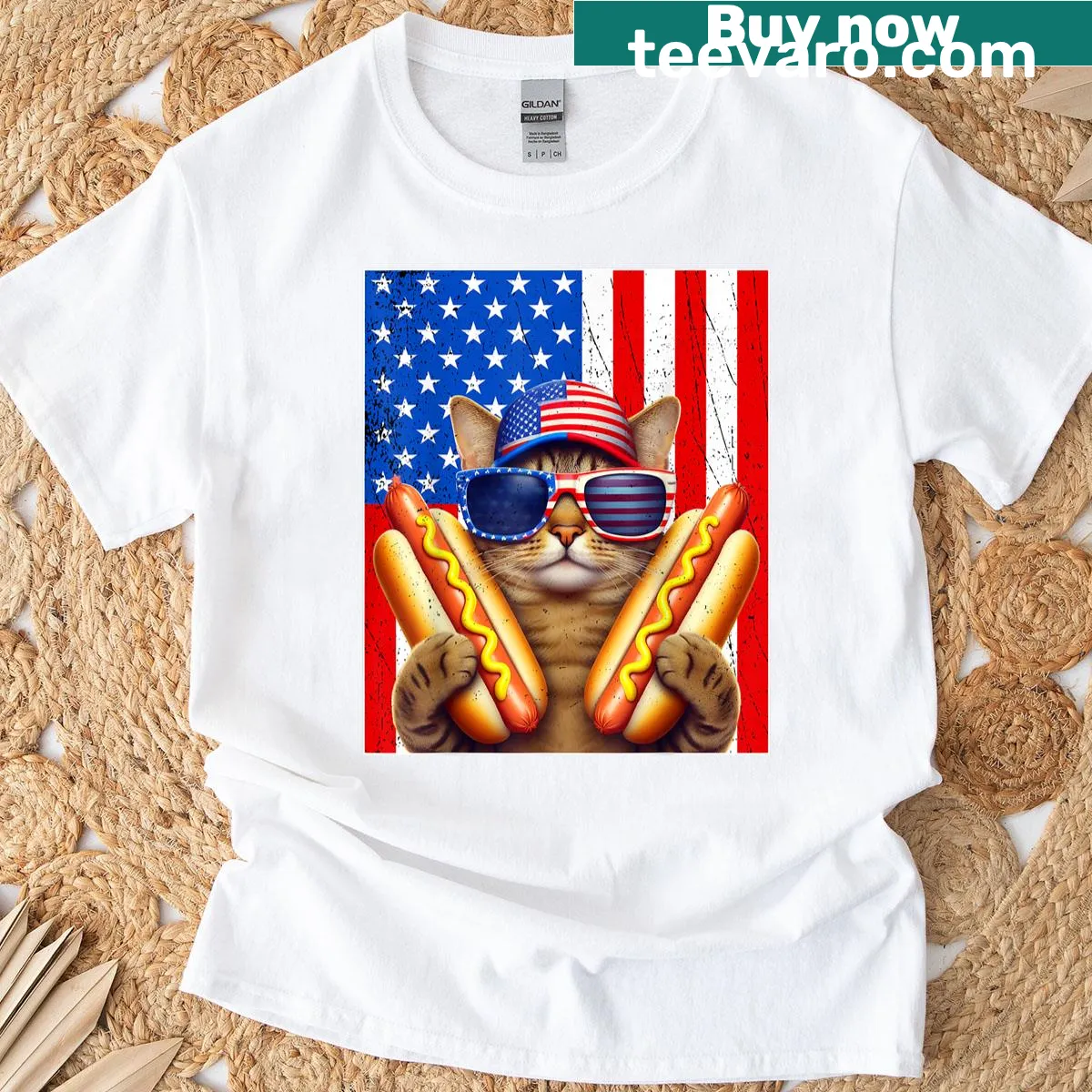 Funny patriotic t-shirt with a cat holding a hotdog and USA flag — on a men's t-shirt