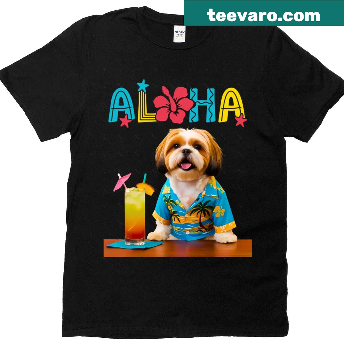 Oversized T-shirt featuring a playful Shih Tzu enjoying a Mai Tai — on a men's t-shirt