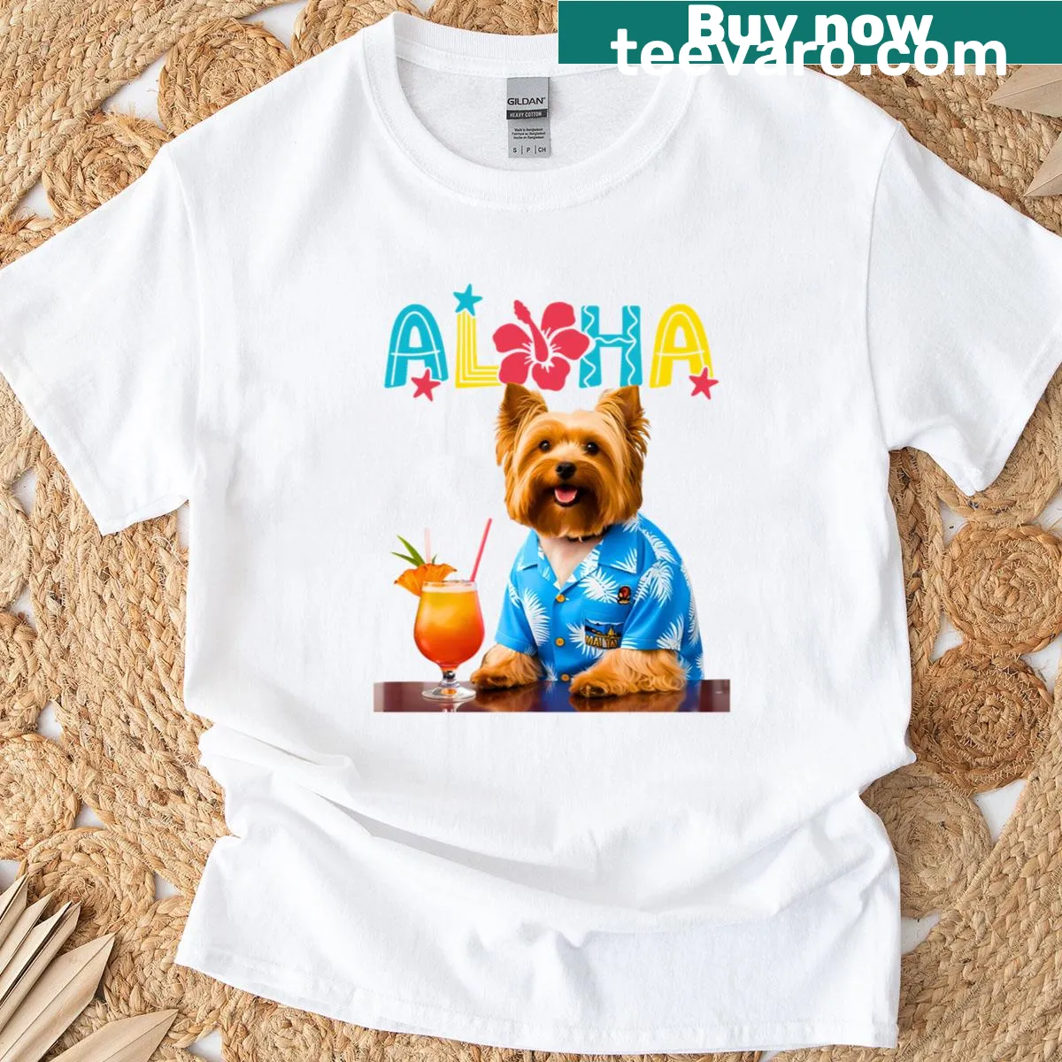 Yorkipoo dog with Hawaiian theme graphic on T-shirt — on a men's t-shirt