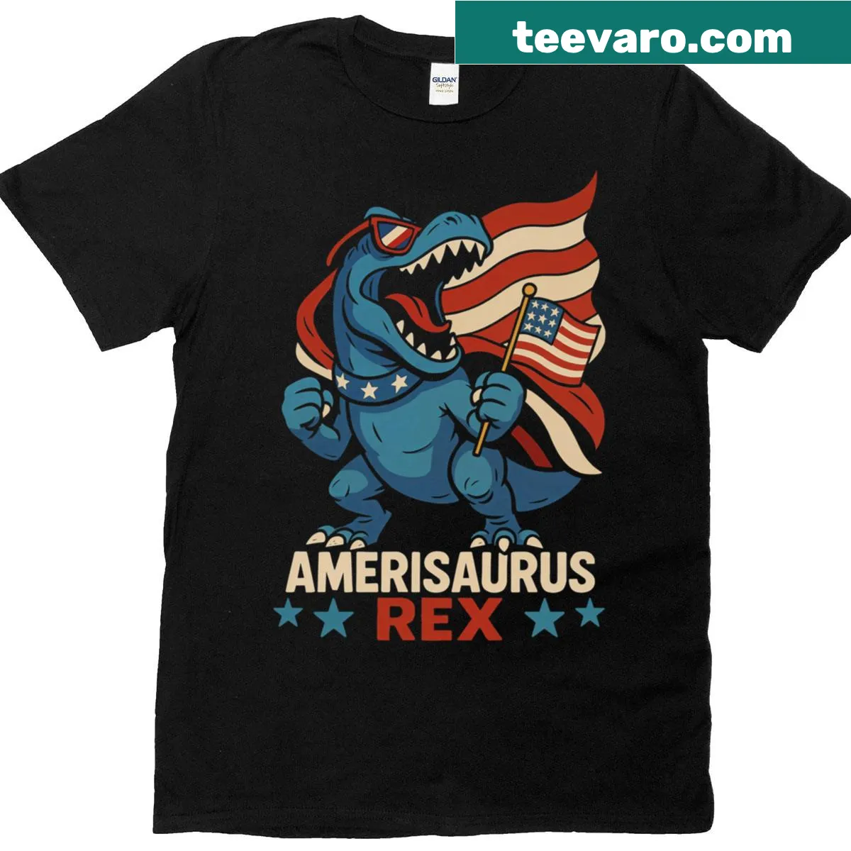 Funny dinosaur graphic with USA flag on T-shirt — on a men's t-shirt