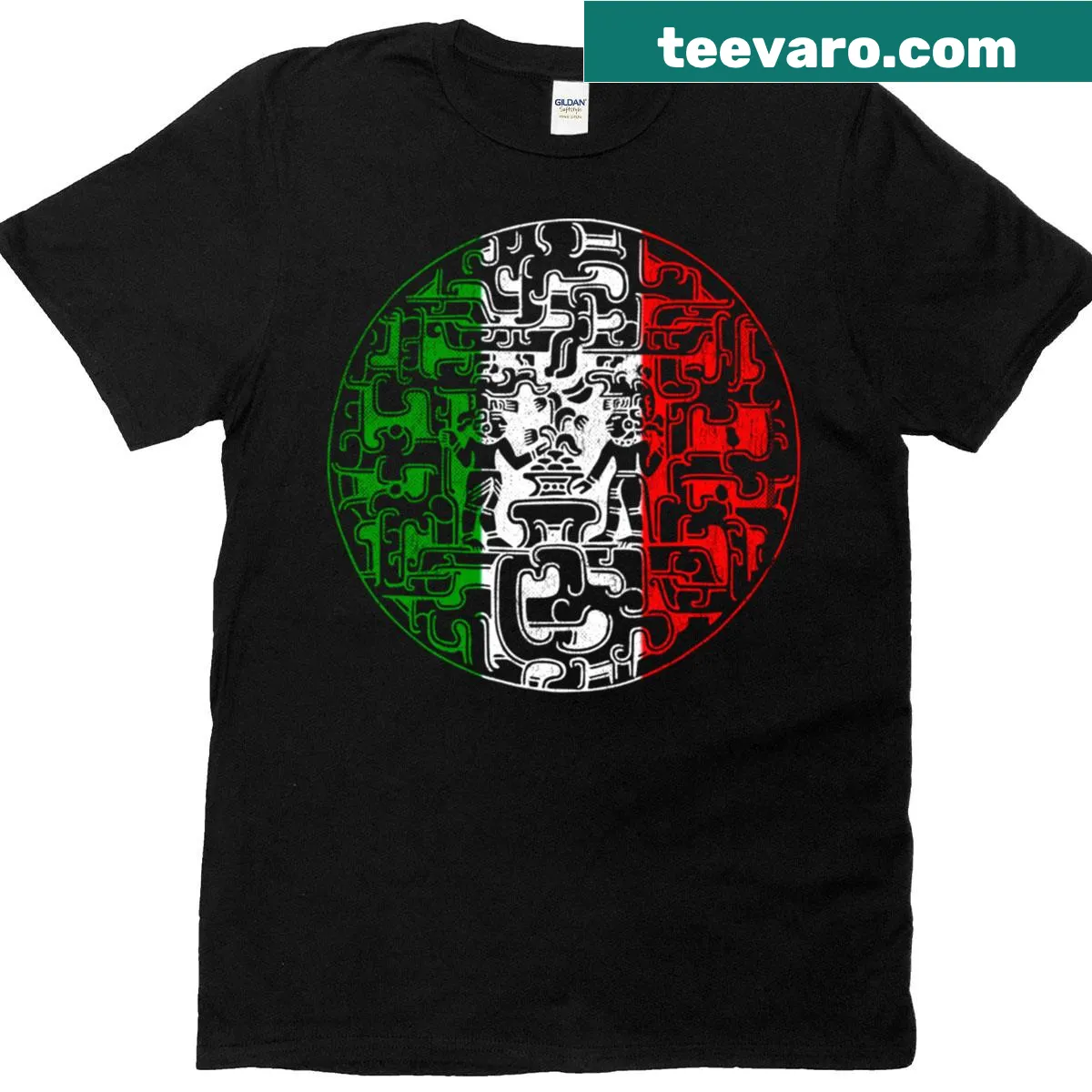 T-shirt featuring an illustration of the Aztec calendar. — on a men's t-shirt
