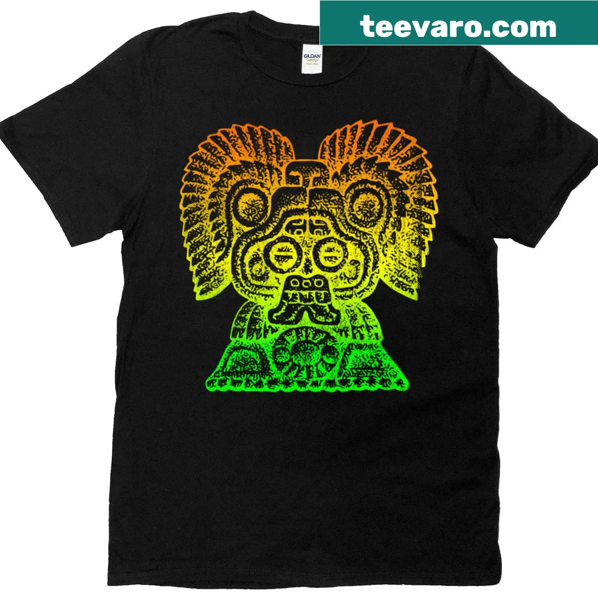 Vintage Aztec totem graphic t-shirt design — on a men's t-shirt