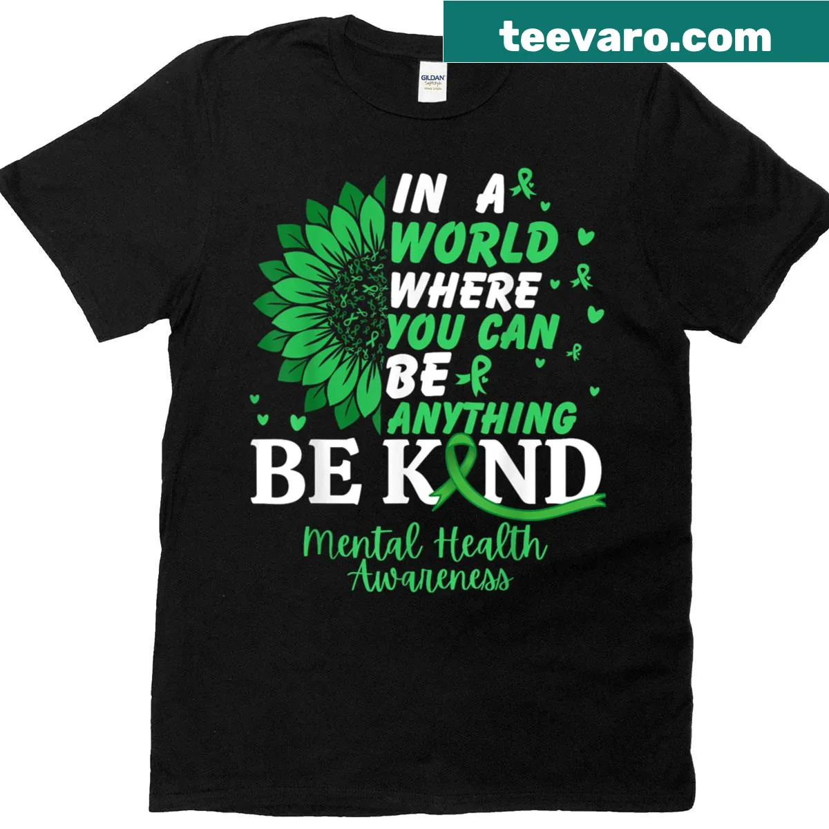 Sunflower and green ribbon graphic promoting kindness on t-shirt — on a men's t-shirt