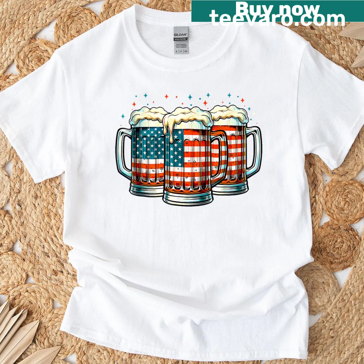 T-shirt featuring an American flag and beer graphic for July 4th — on a men's t-shirt