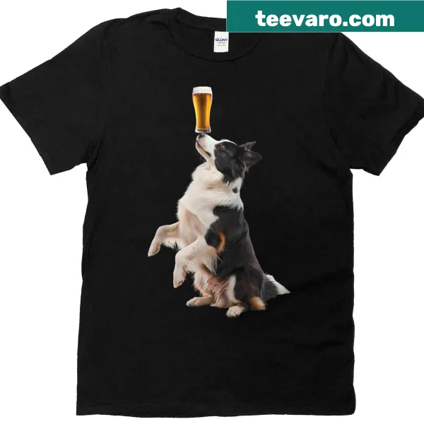 Cartoon Border Collie with a beer on a playful raglan tee