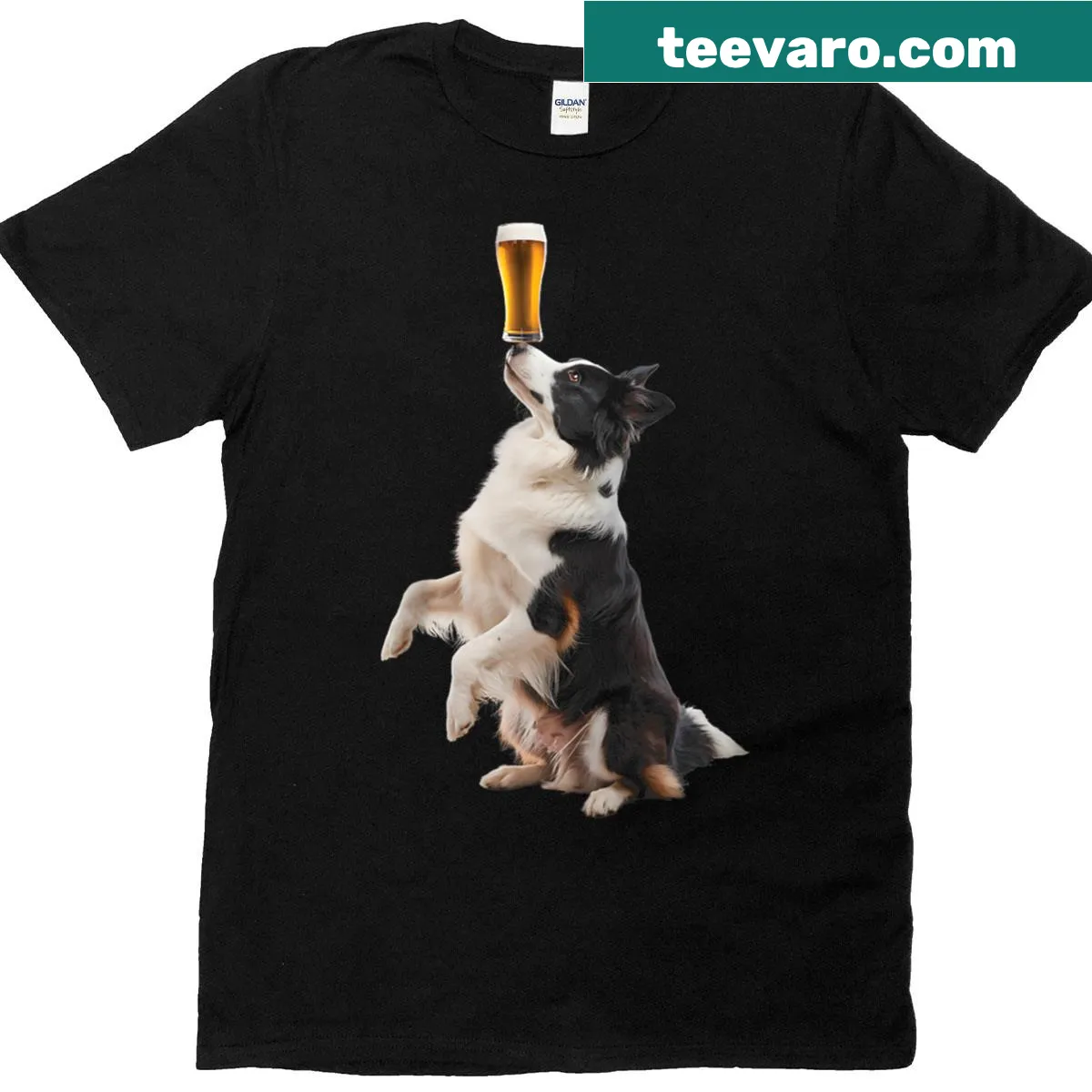 Cartoon Border Collie with a beer on a playful raglan tee — on a men's t-shirt