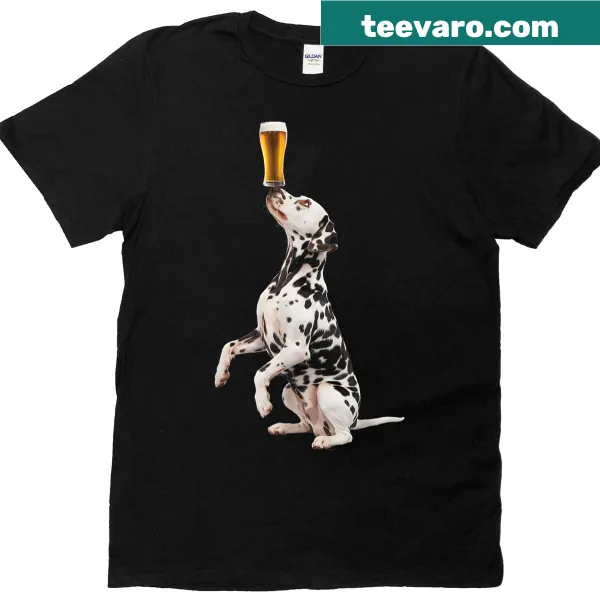 Cartoon Dalmatian T-shirt with a playful beer theme.