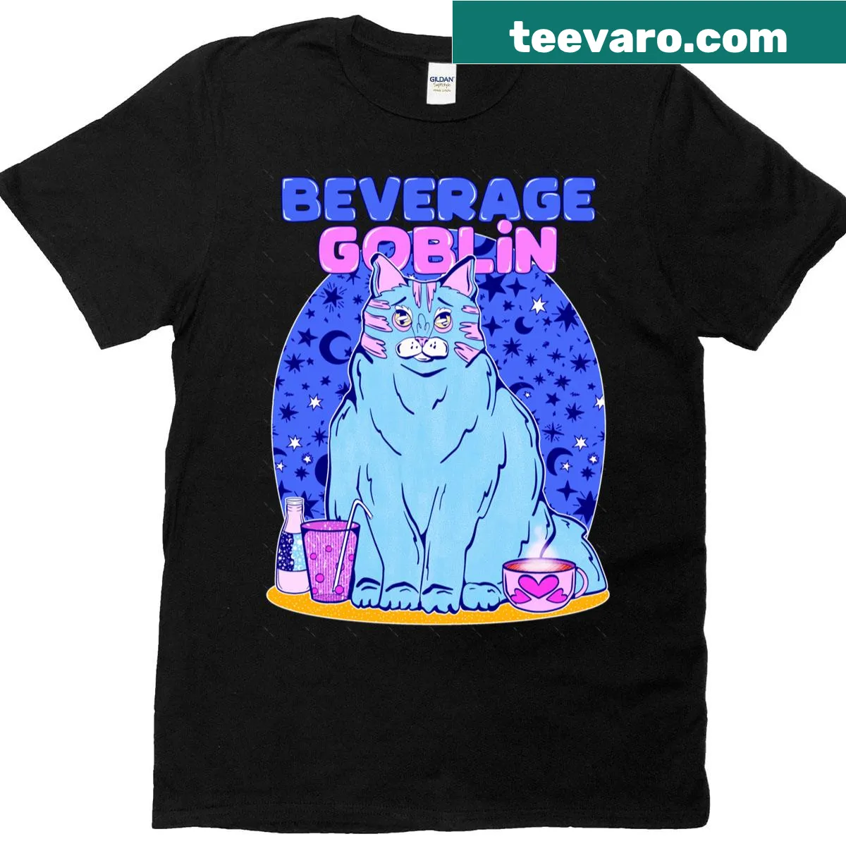 Oversized t-shirt with a cartoon goblin cat graphic — on a men's t-shirt