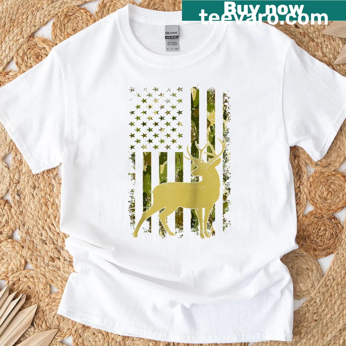 Raglan baseball tee featuring US flag and deer elk design for hunter dads — on a men's t-shirt