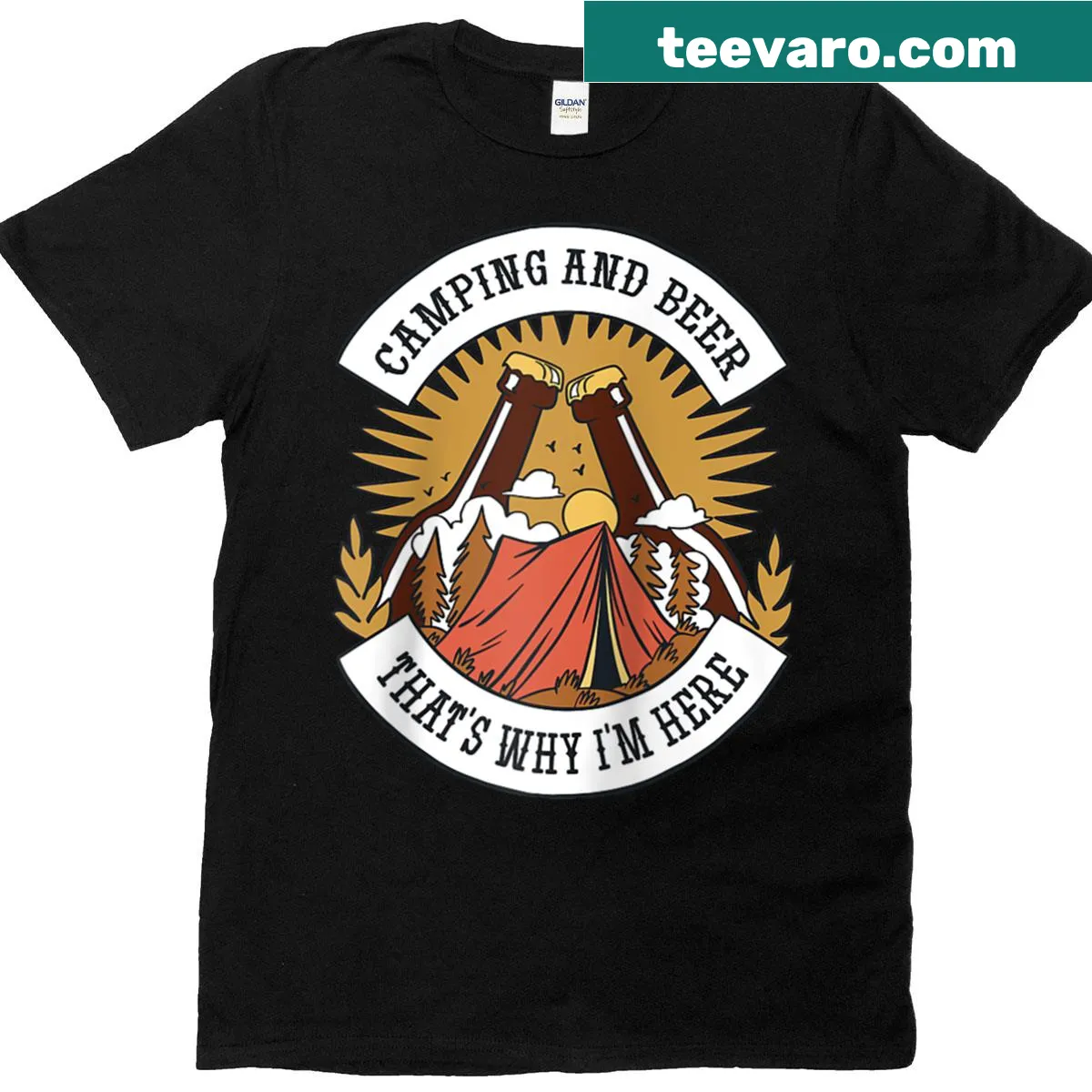 Funny camping raglan tee with text about camping and beer. — on a men's t-shirt