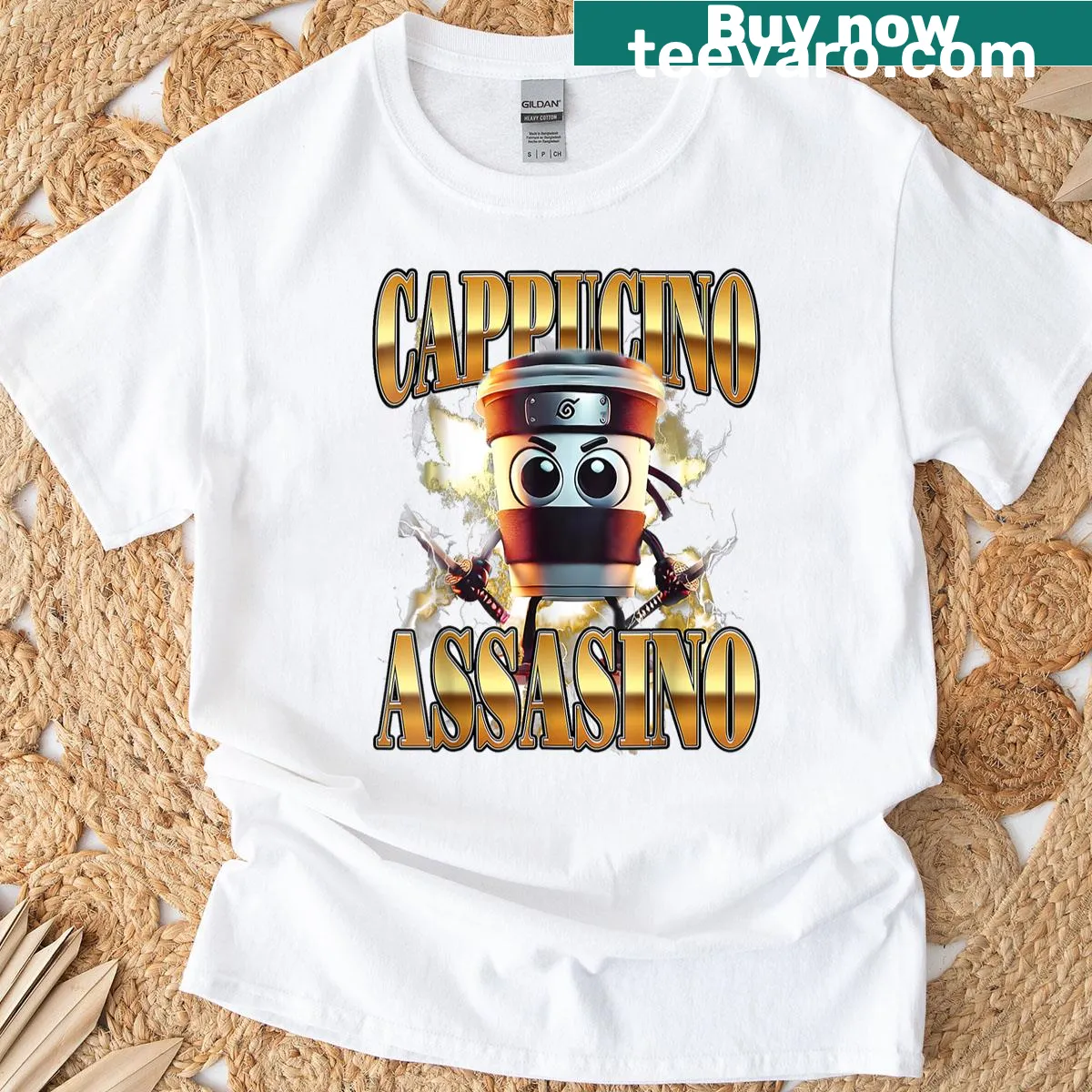 Funny Cappuccino Assassino t-shirt for coffee lovers — on a men's t-shirt