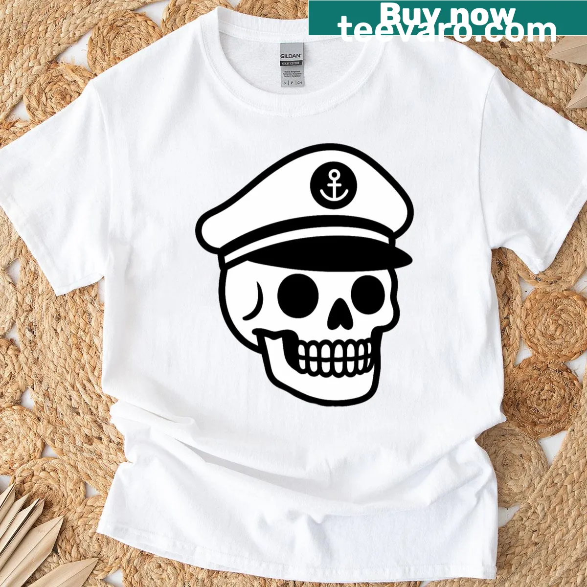 T-shirt featuring a whimsical Captain Skeleton graphic — on a men's t-shirt