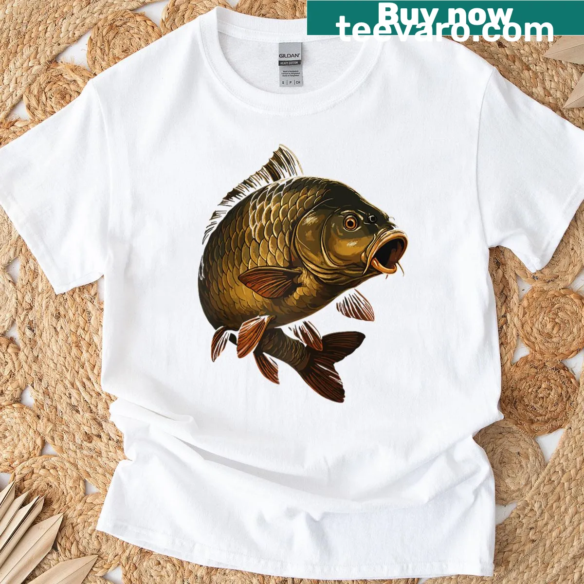 Raglan baseball tee with big fish design for carp fishing enthusiasts — on a men's t-shirt