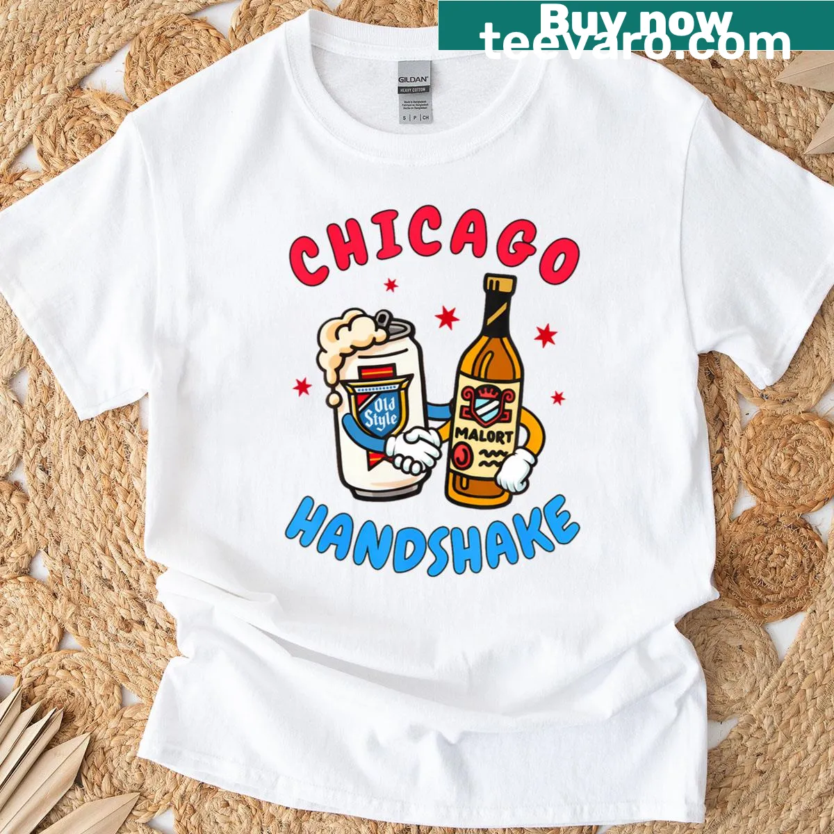 Chicago-themed T-shirt featuring handshake and beer design — on a men's t-shirt