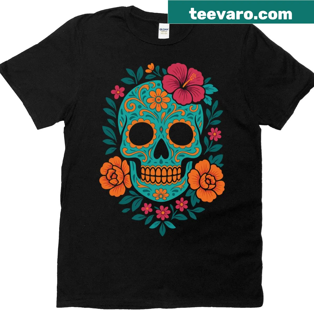 Sugar skull T-shirt with floral designs for Day of the Dead. — on a men's t-shirt