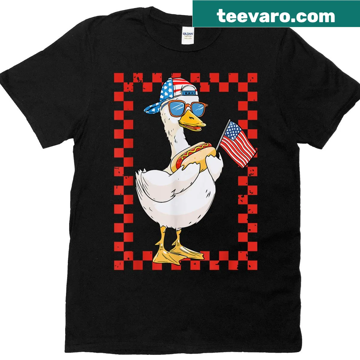 Patriotic goose with hotdog and USA flag graphic on a kids T-shirt — on a men's t-shirt