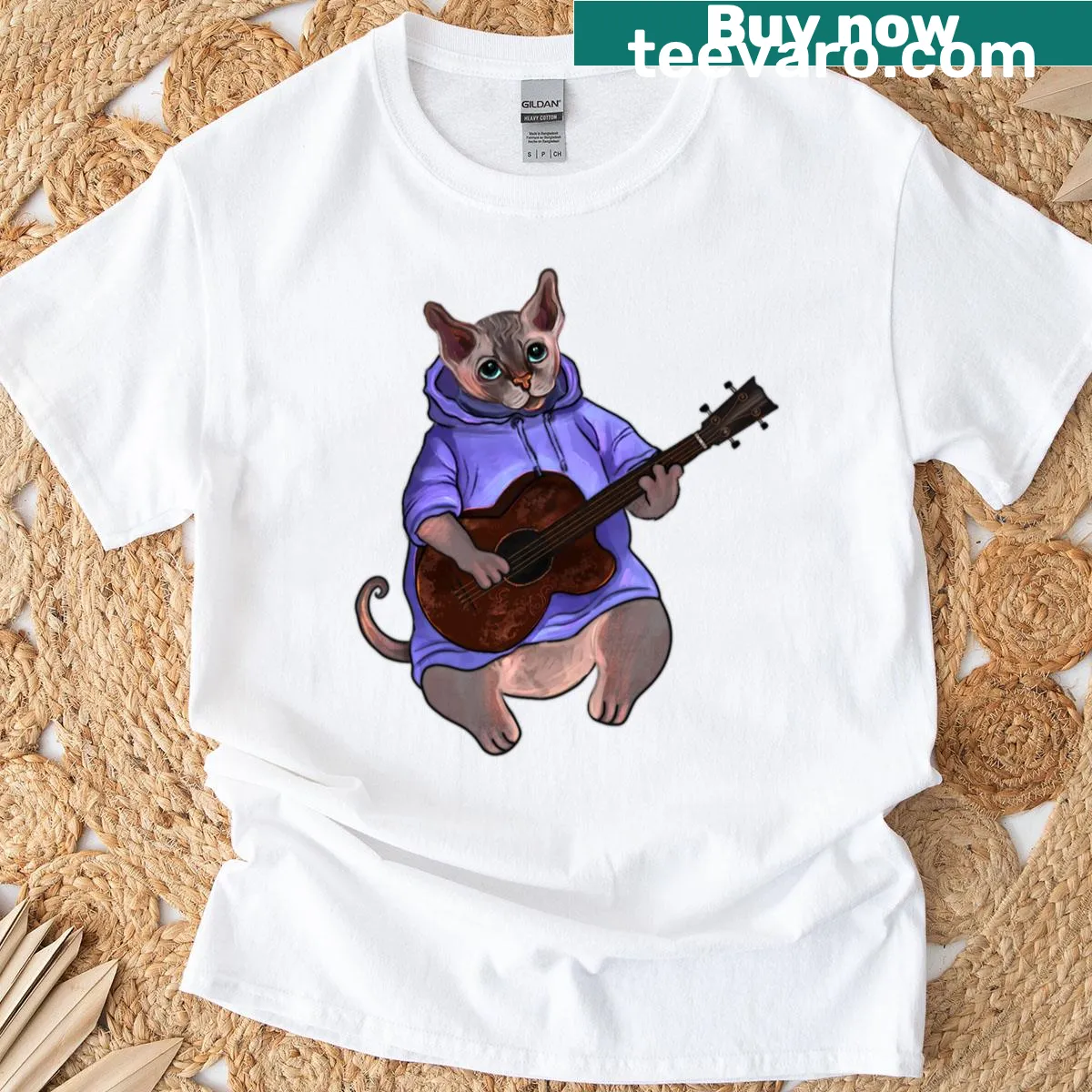 Illustration of Tom the Baldy Cat playing a ukulele on a blue t-shirt — on a men's t-shirt