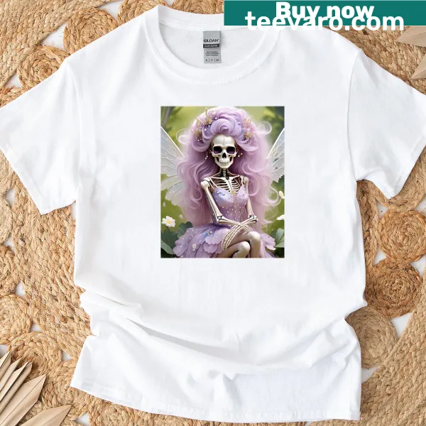 Cartoon of a skeletal fairy surrounded by cotton candy on a t-shirt