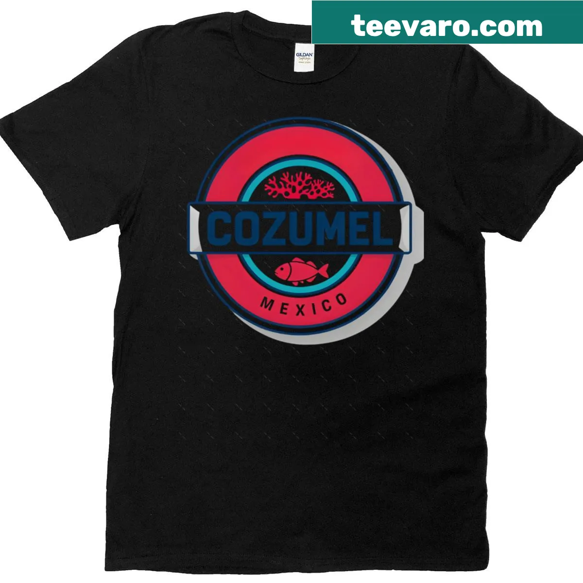 Oversized T-shirt featuring illustrated scenery from Cozumel, Mexico — on a men's t-shirt