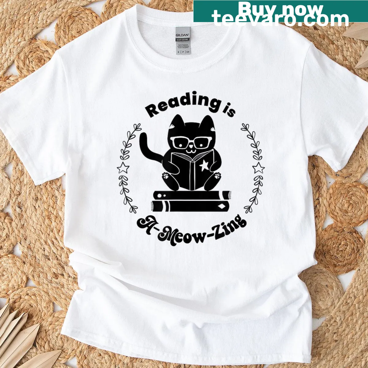 Cute cat reading a book with whimsical text on t-shirt — on a men's t-shirt
