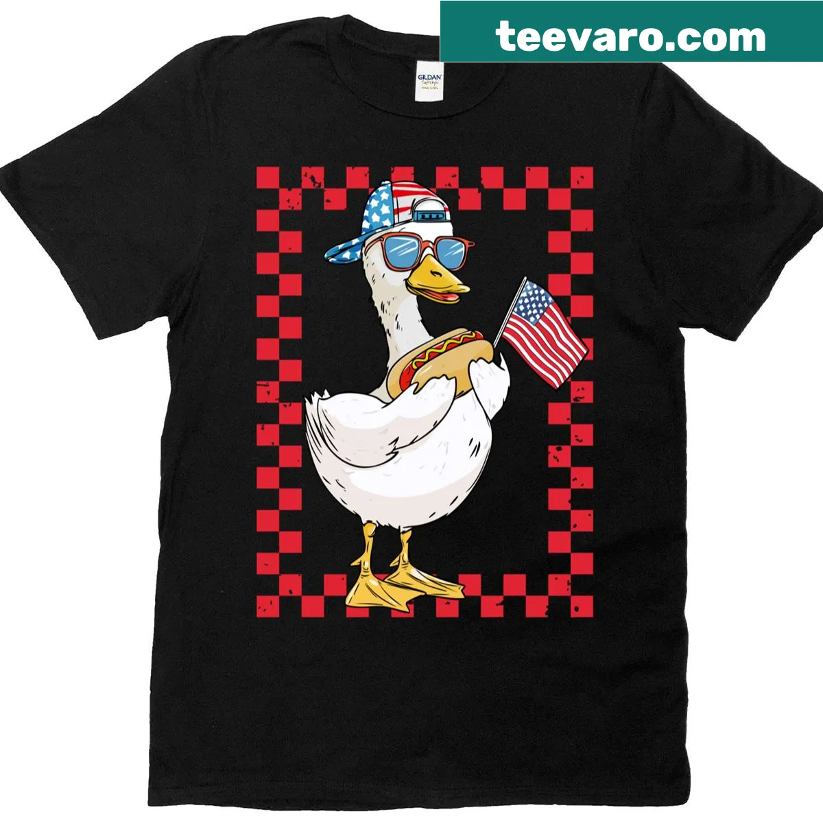 Cute cartoon goose with hotdog and US flag on a kids T-shirt — on a men's t-shirt