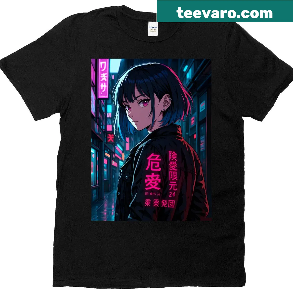 Anime portrait T-shirt featuring a Cyberpunk Girl in a neon city — on a men's t-shirt