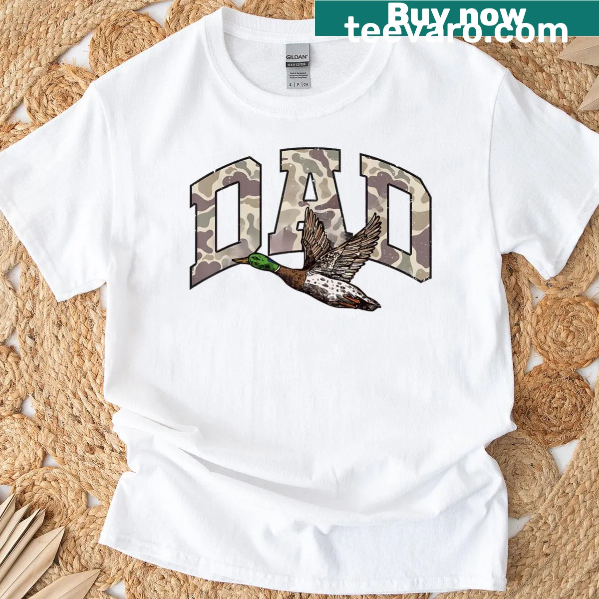 Camo duck hunting t-shirt with 'Best Buckin Dad' text — on a men's t-shirt