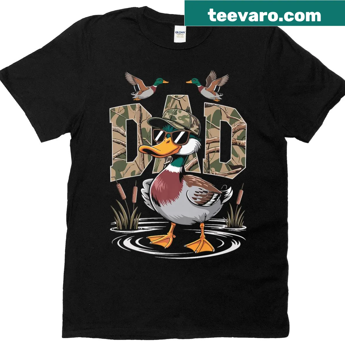 Camouflage duck hunting shirt with mallard graphic for dad — on a men's t-shirt
