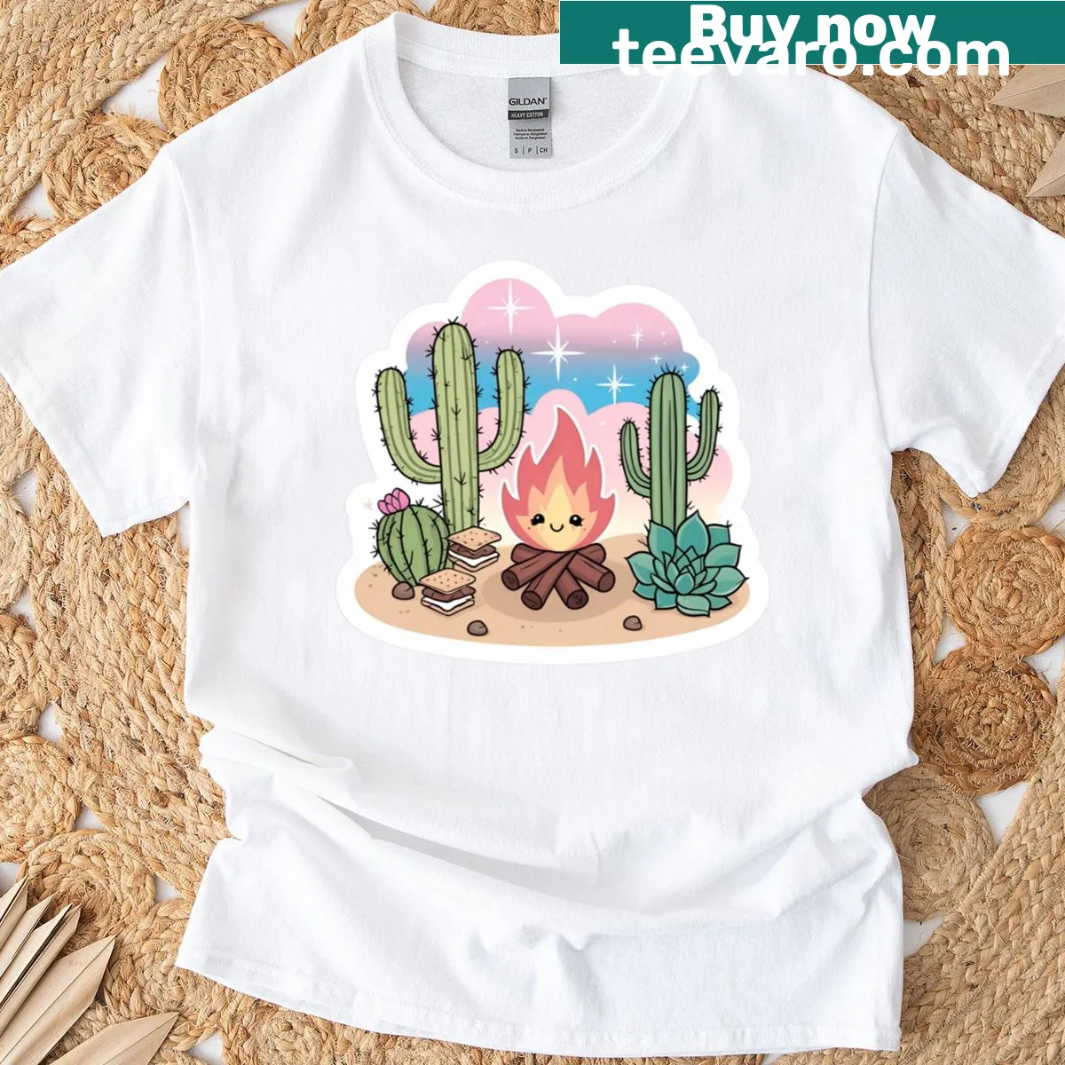Cute campfire and s'mores cactus t-shirt design — on a men's t-shirt