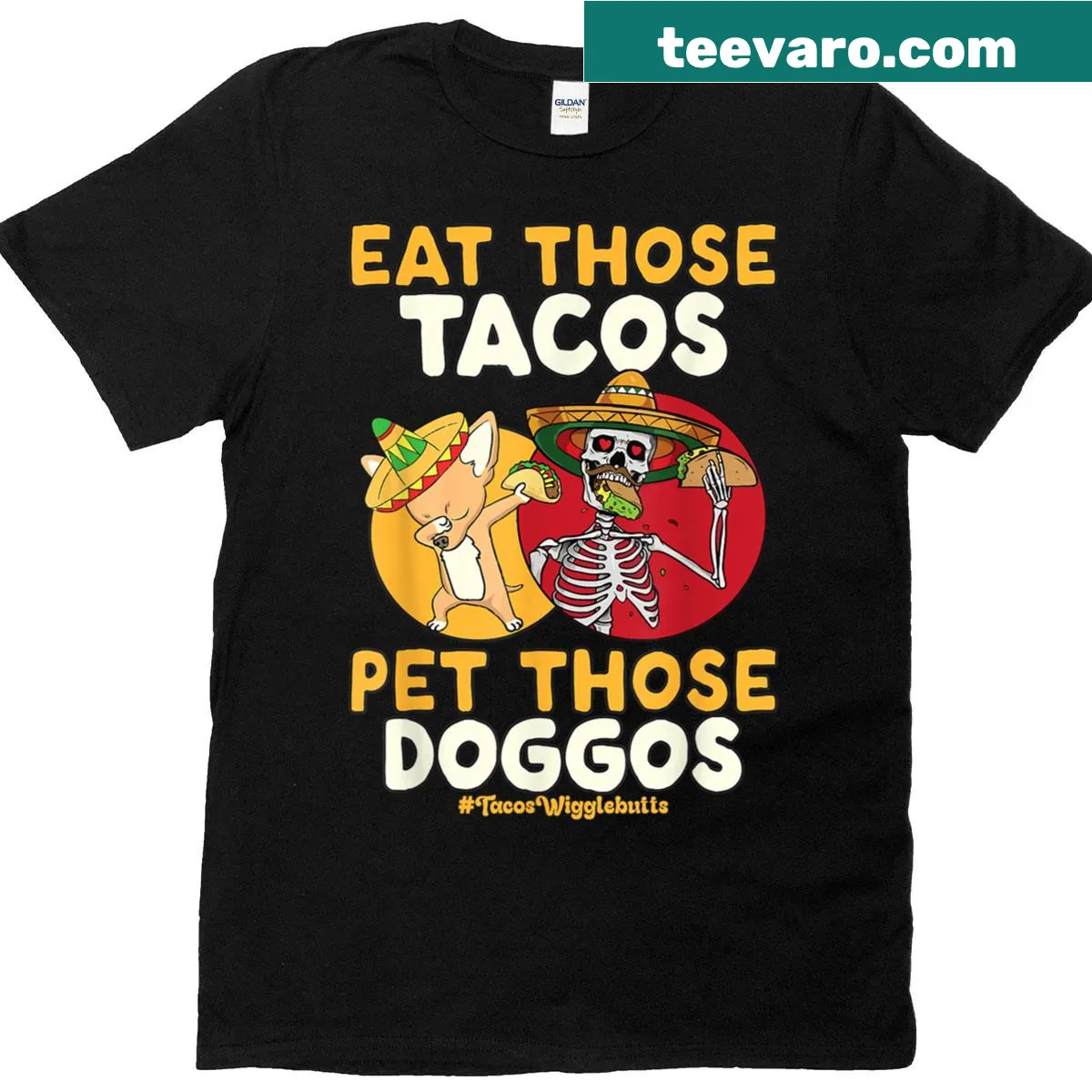 Funny taco and dog-themed t-shirt with a dabbing skull illustration — on a men's t-shirt