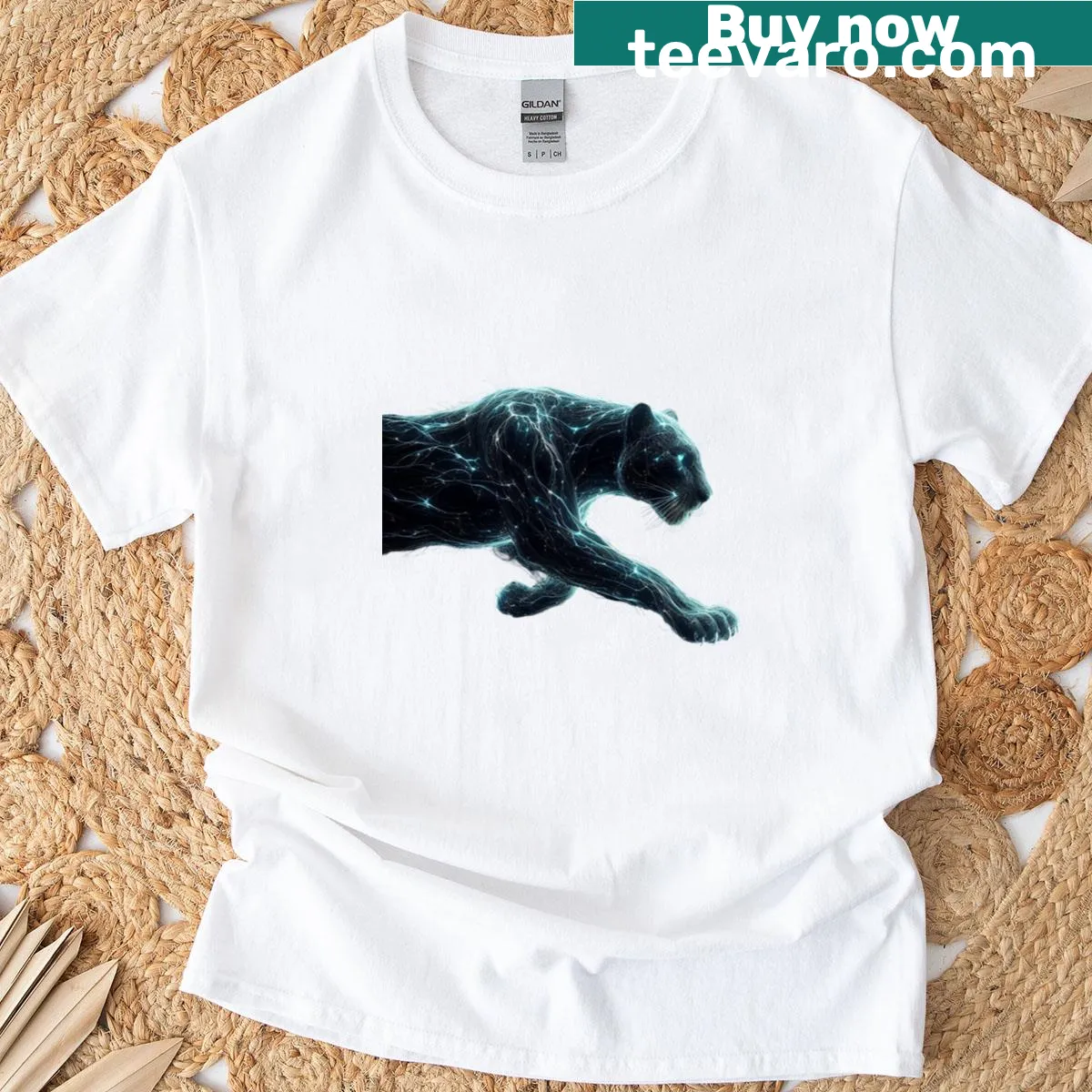 Illustrative T-shirt featuring an electric panther silhouette — on a men's t-shirt