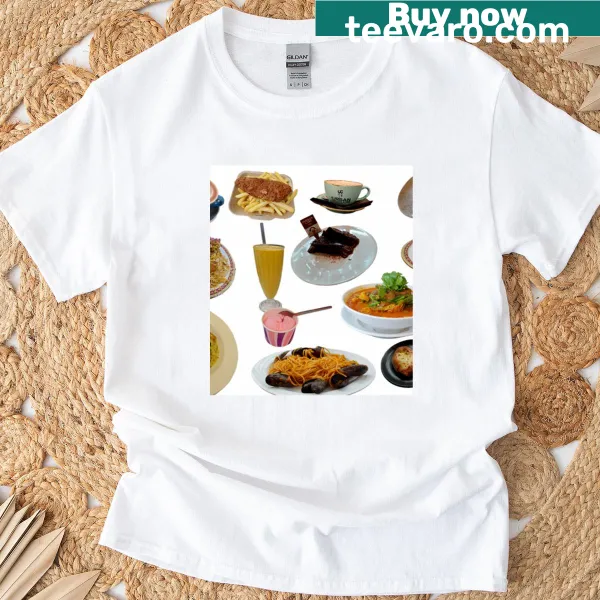 Cartoon food design featuring various items on a t-shirt