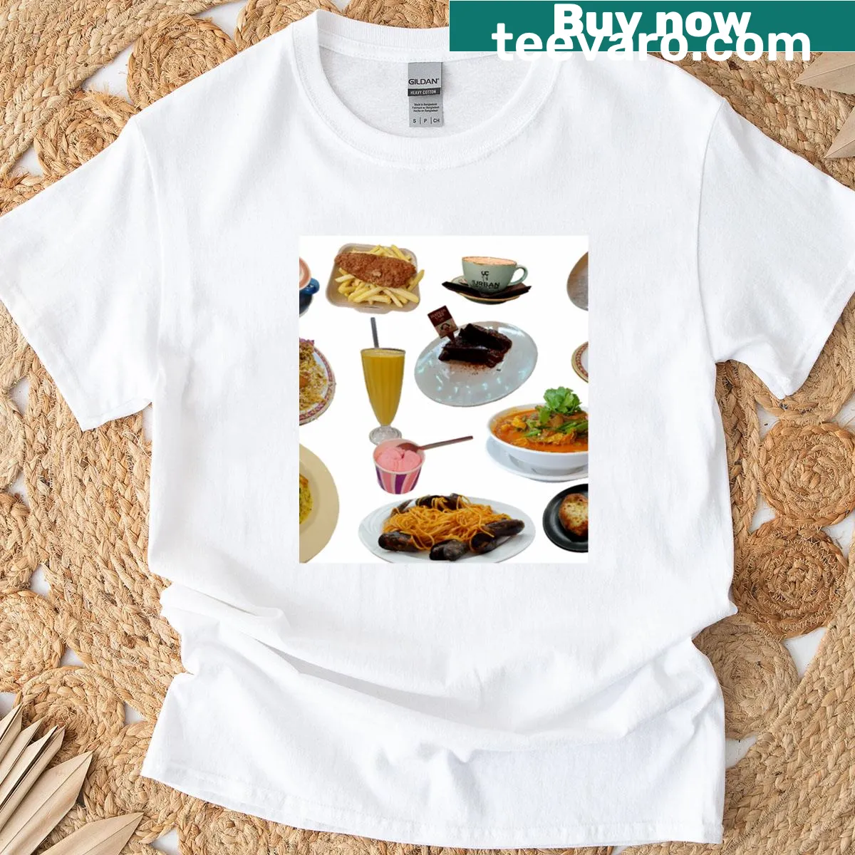 Cartoon food design featuring various items on a t-shirt — on a men's t-shirt
