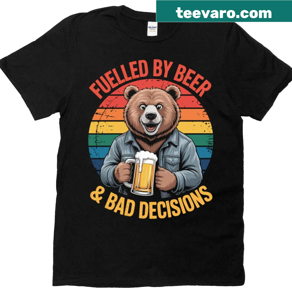 Funny t-shirt with 'Fueled By Beer And Bad Decisions' text — on a men's t-shirt