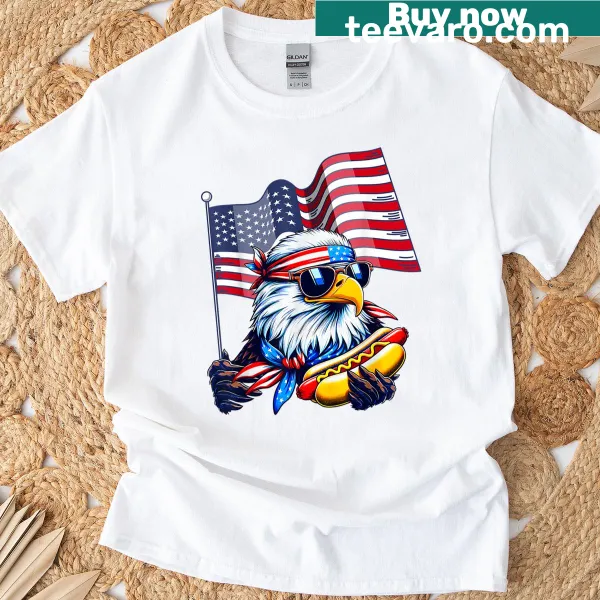 Humorous bald eagle with hotdog and American flag design