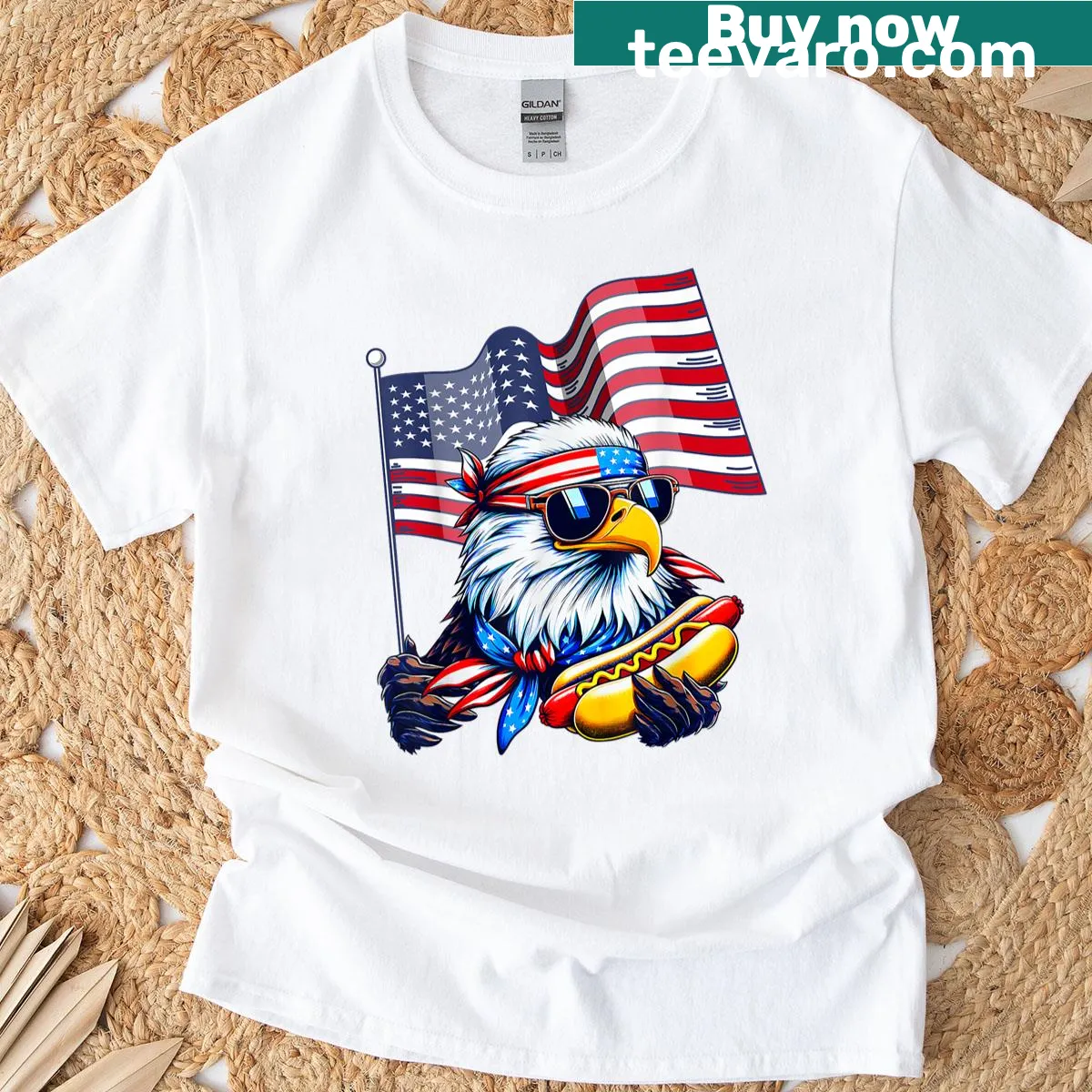 Humorous bald eagle with hotdog and American flag design — on a men's t-shirt