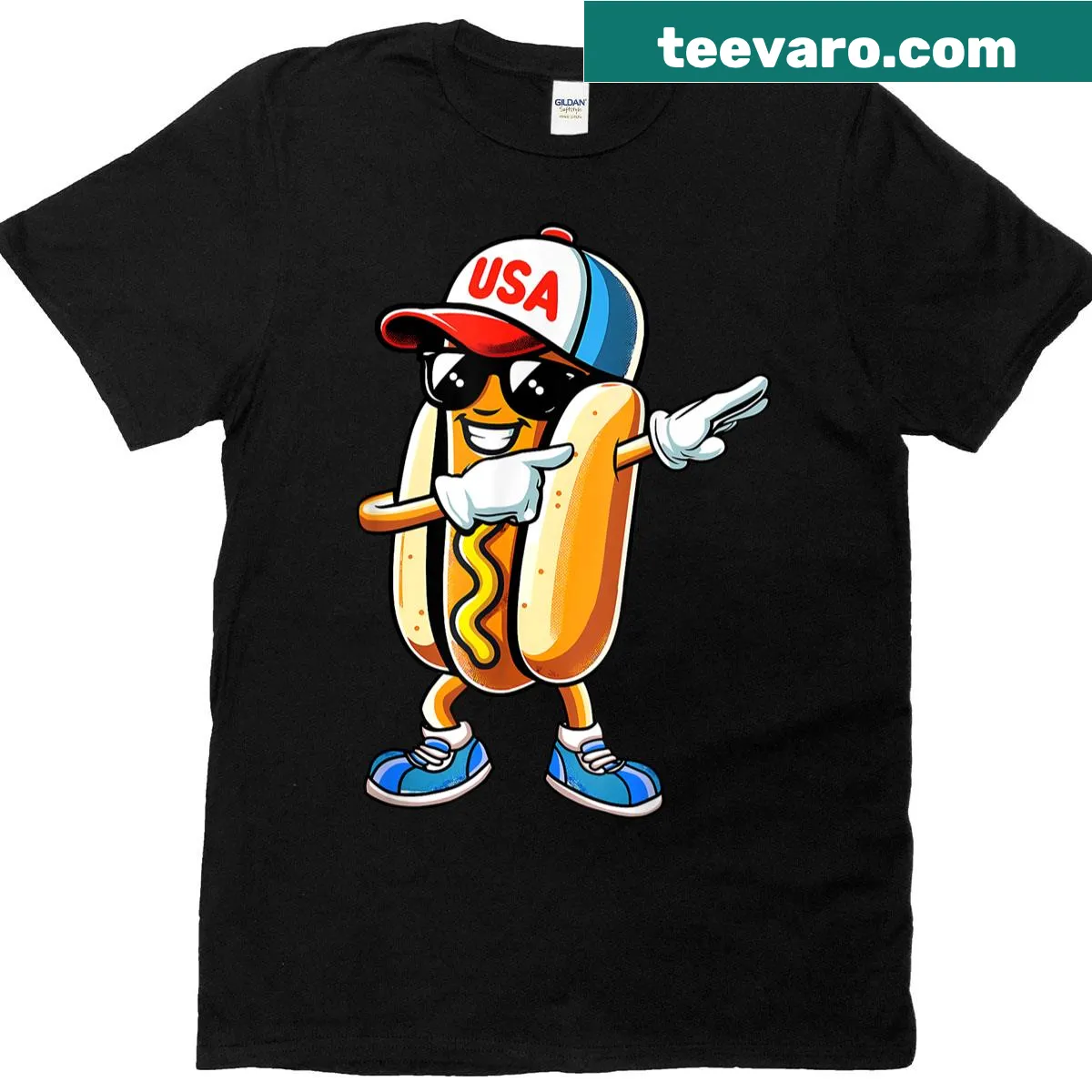 Illustration of a dabbing hot dog with a patriotic theme — on a men's t-shirt