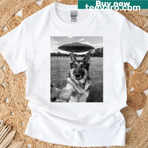 Funny German Shepherd taking a selfie with a UFO