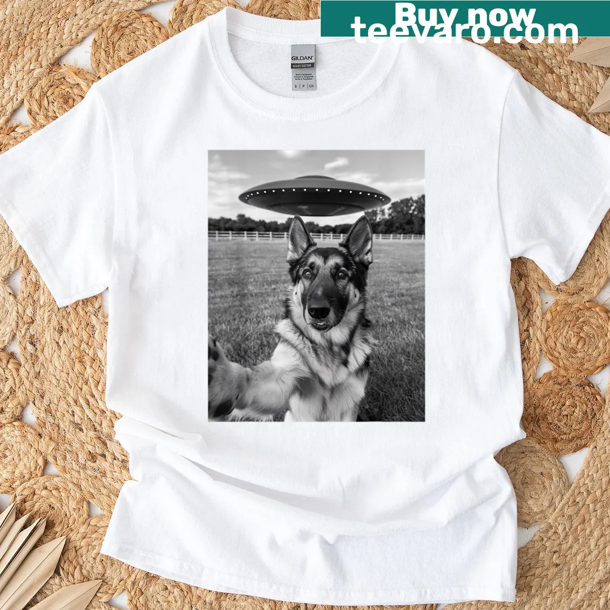 Funny German Shepherd taking a selfie with a UFO — on a men's t-shirt