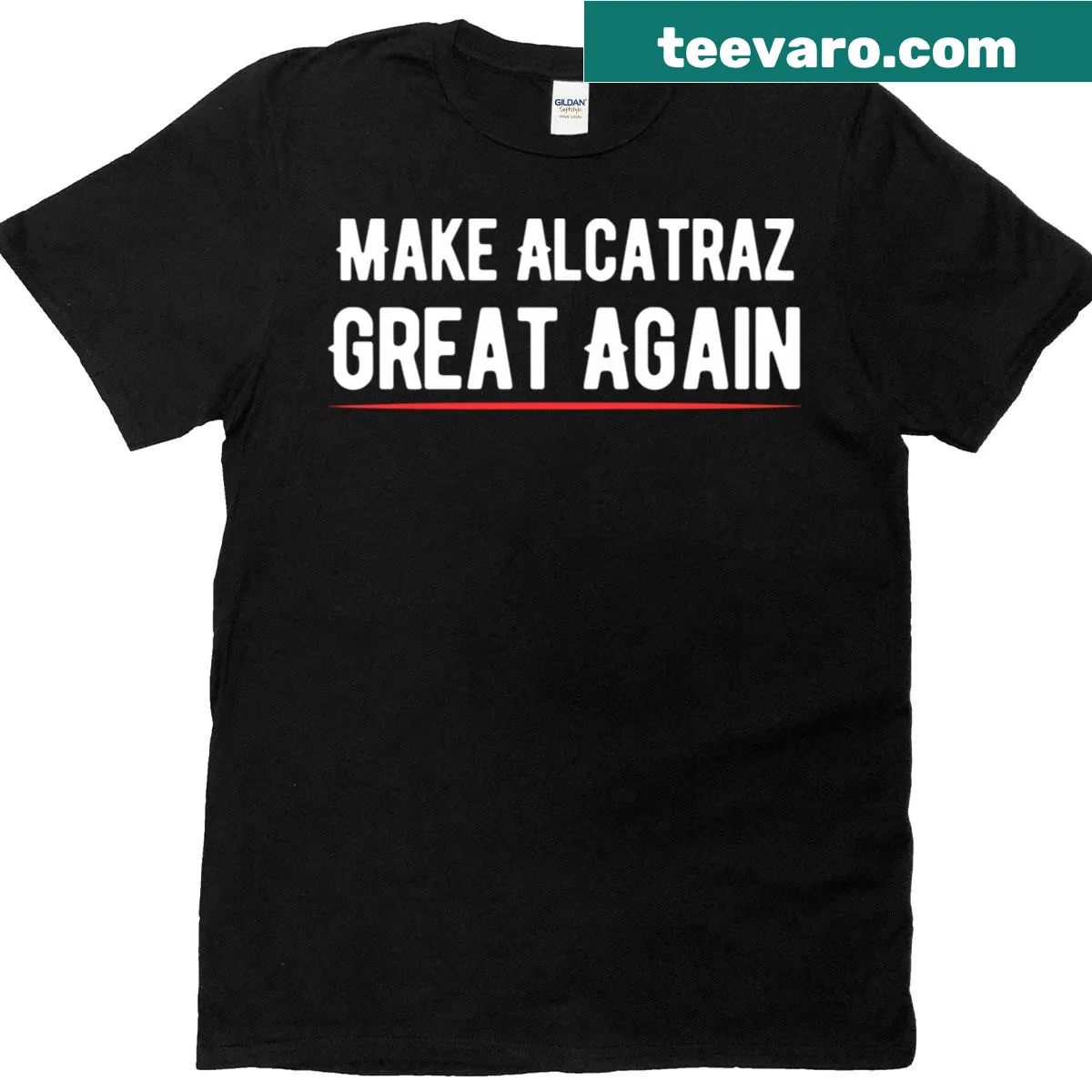 Satirical t-shirt with a political theme about Alcatraz — on a men's t-shirt