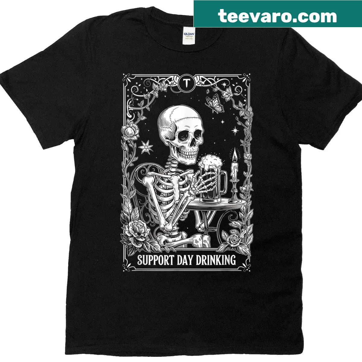 Retro skeleton graphic with humorous beer theme — on a men's t-shirt