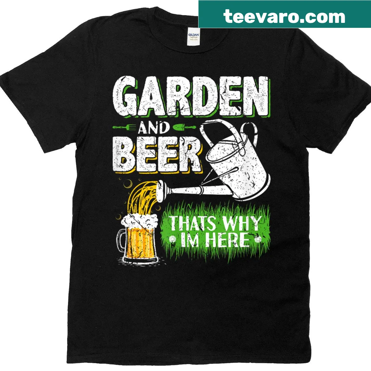 Funny gardening t-shirt featuring a watering can and beer theme — on a men's t-shirt