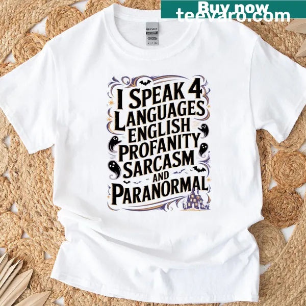Cartoon ghost hunter design on a humorous T-shirt.
