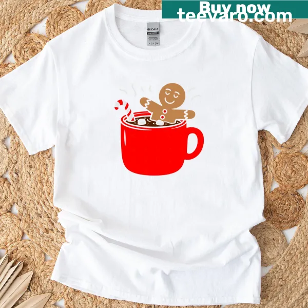 Cute gingerbread man with hot chocolate illustration on a t-shirt