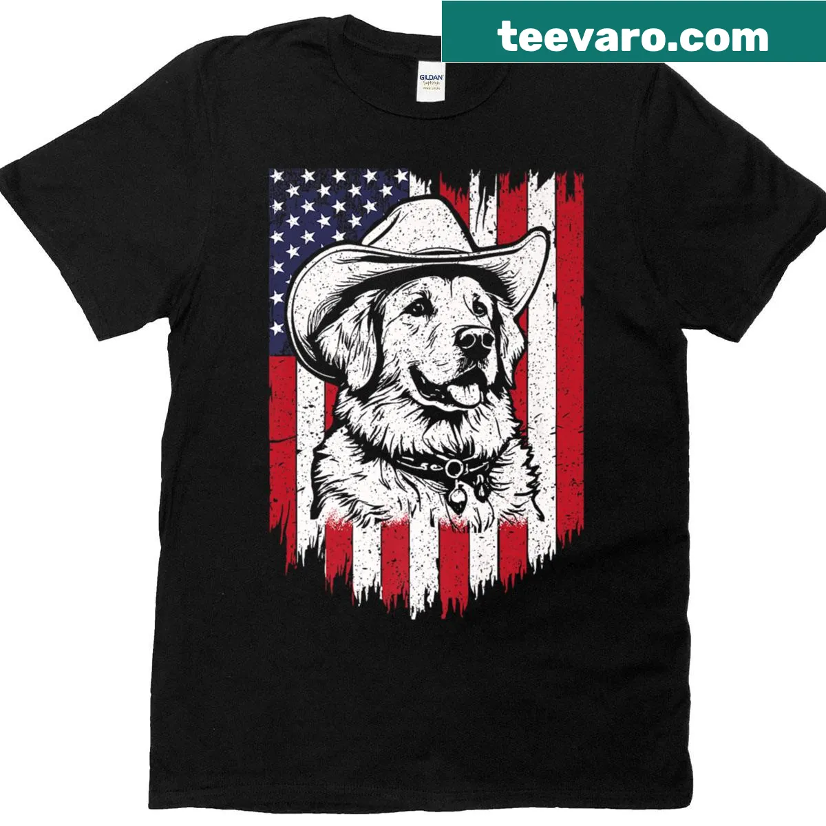 Golden Retriever in a cowboy hat with American flag design for July 4th — on a men's t-shirt