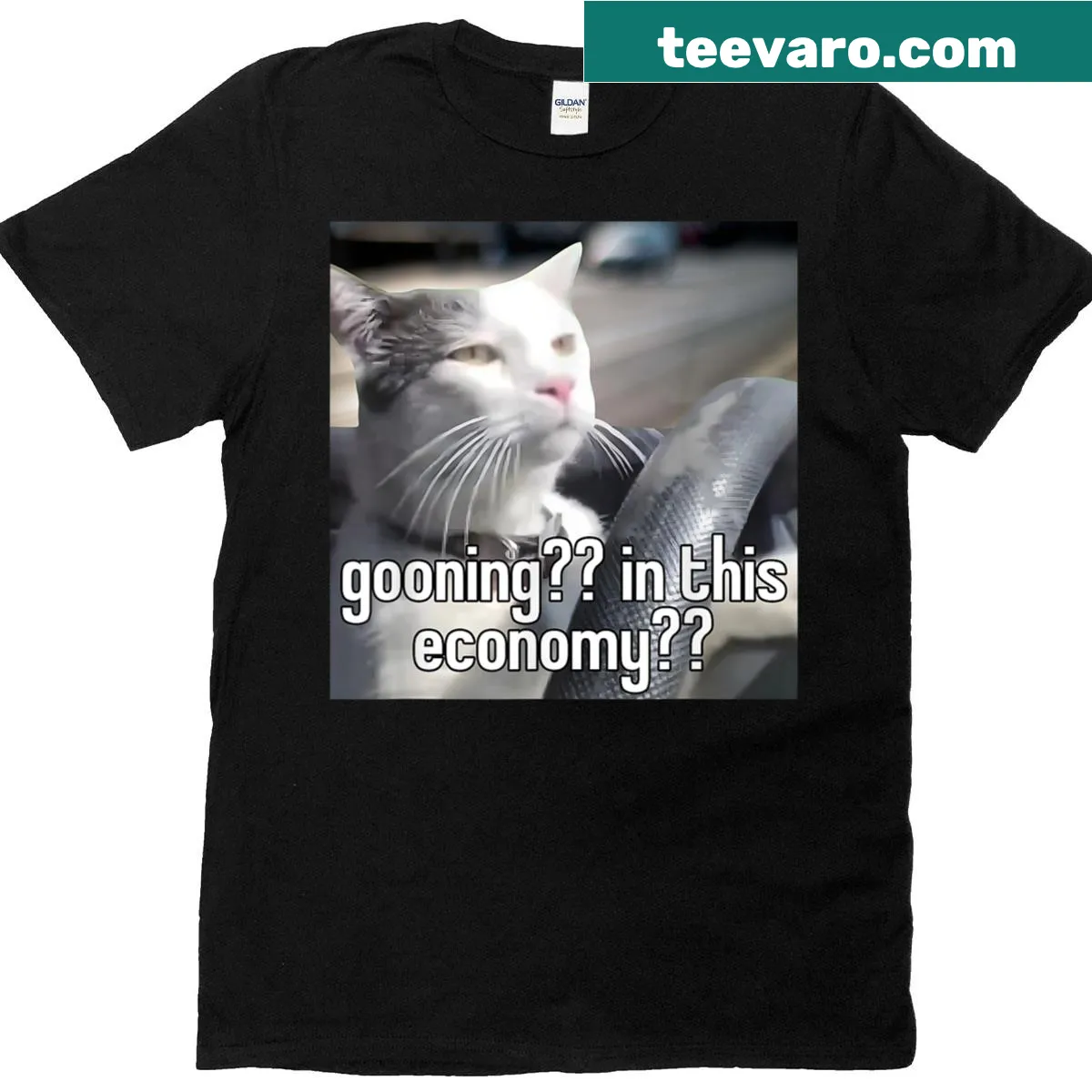 Funny cat driving meme t-shirt about the economy — on a men's t-shirt