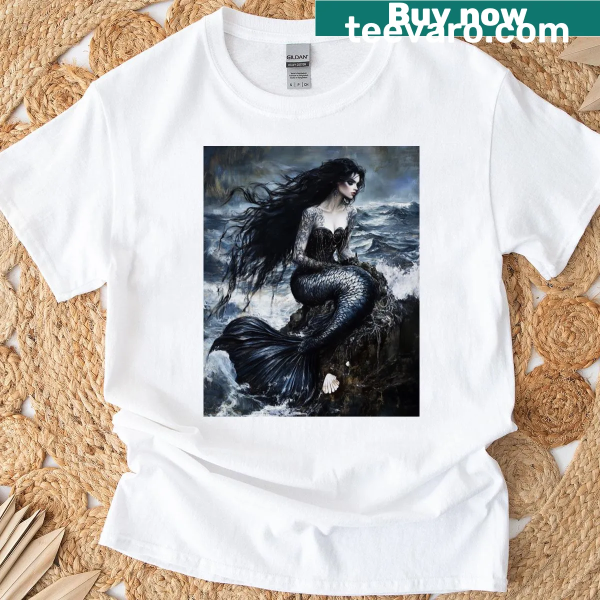Illustration of a gothic mermaid in an ocean fantasy on a t-shirt — on a men's t-shirt