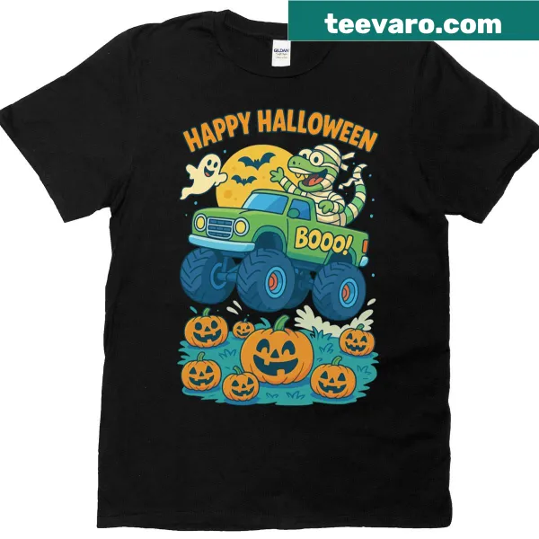 Dinosaur mummy in a monster truck on a Halloween t-shirt