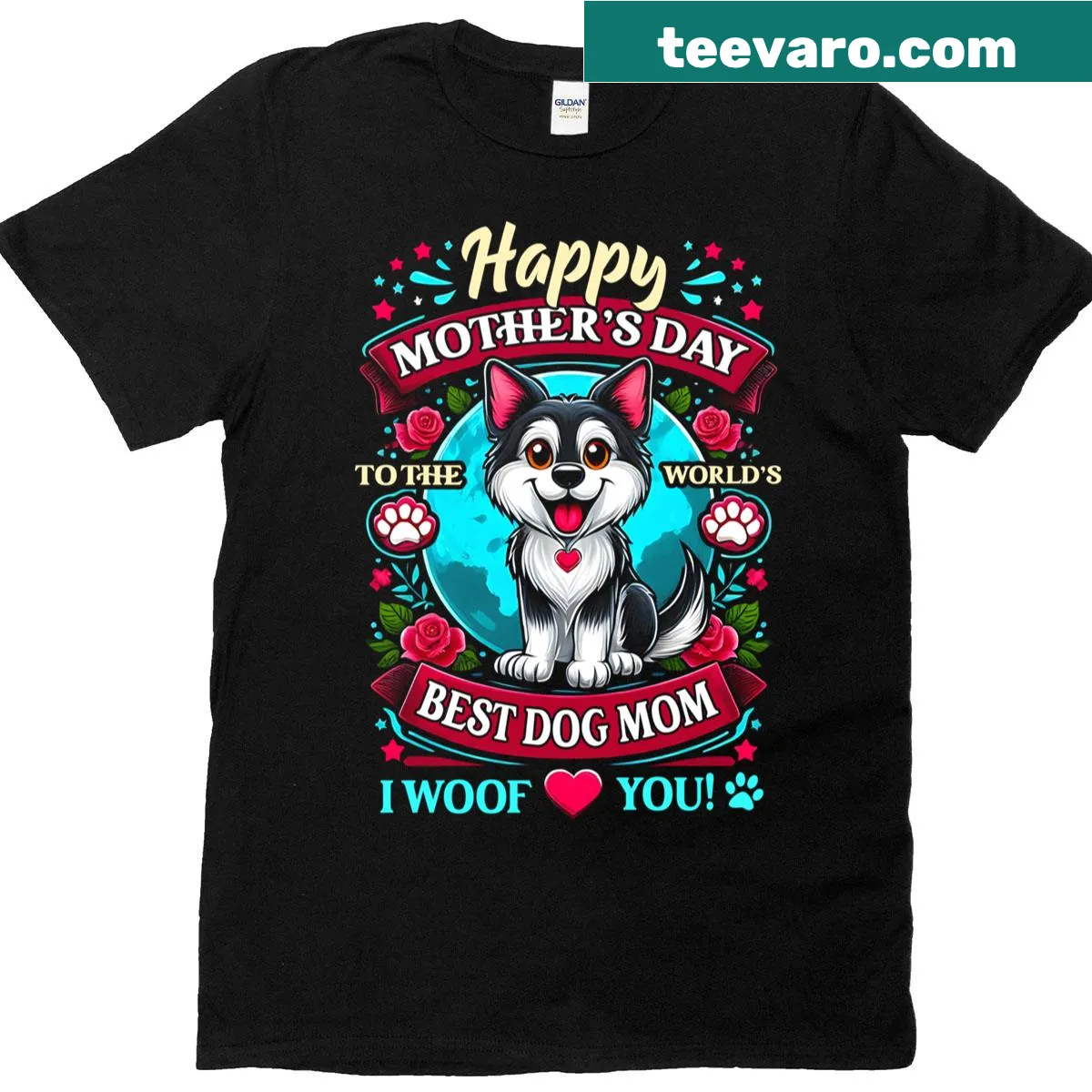 Dog mom Mother's Day T-shirt with bone and paw graphics — on a men's t-shirt