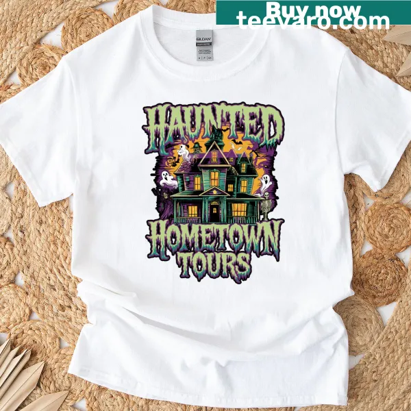 Whimsical haunted house graphic with ghosts for Halloween lovers